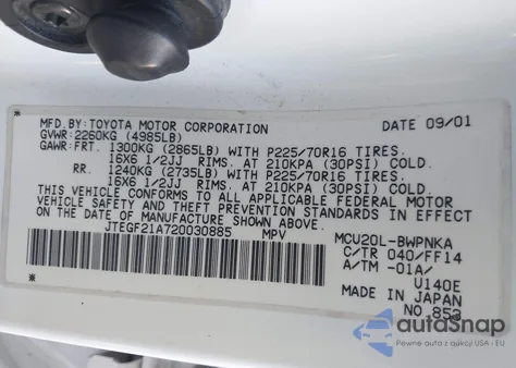 2002 Toyota Highlander Limited V6 z USA, uszkodzony, nr VIN JTEGF21A720030885